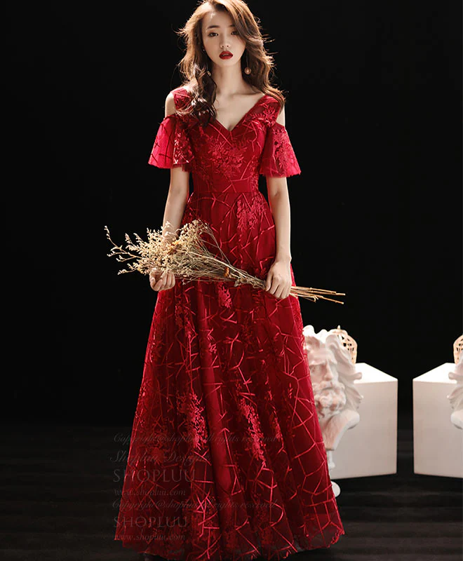 Burgundy V Neck Lace Long Prom Dress, Burgundy Evening Dress - Deanwangkt