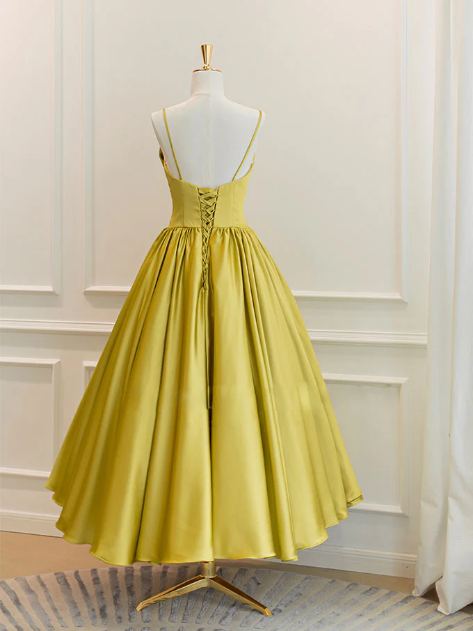 Simple Yellow Satin Tea Length Prom Dress, Yellow Homecoming Dress - Deanwangkt