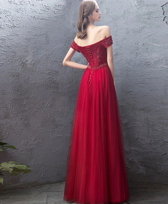 Burgundy Sweetheart Off Shoulder Long Prom Dress, Burgundy Evening Dress - Deanwangkt