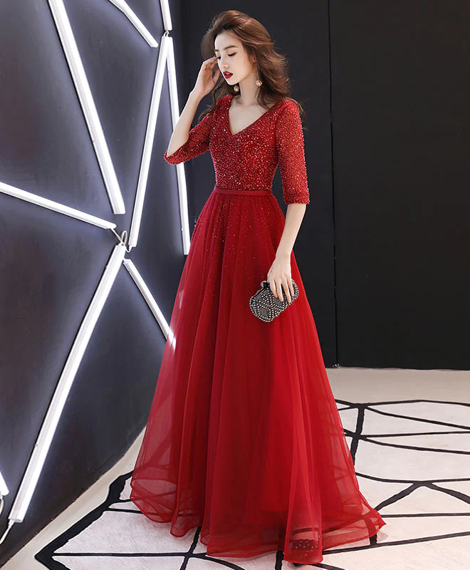 Burgundy Tulle Beads Long Prom Dress, Burgundy Tulle Evening Dress - Deanwangkt