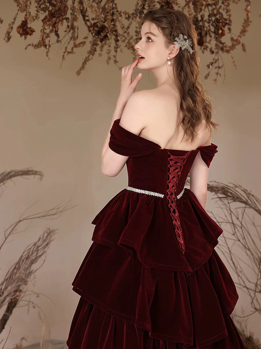 A-Line Off Shoulder Velvet Burgundy Long Prom Dress, Burgundy Long Formal Dress - Deanwangkt