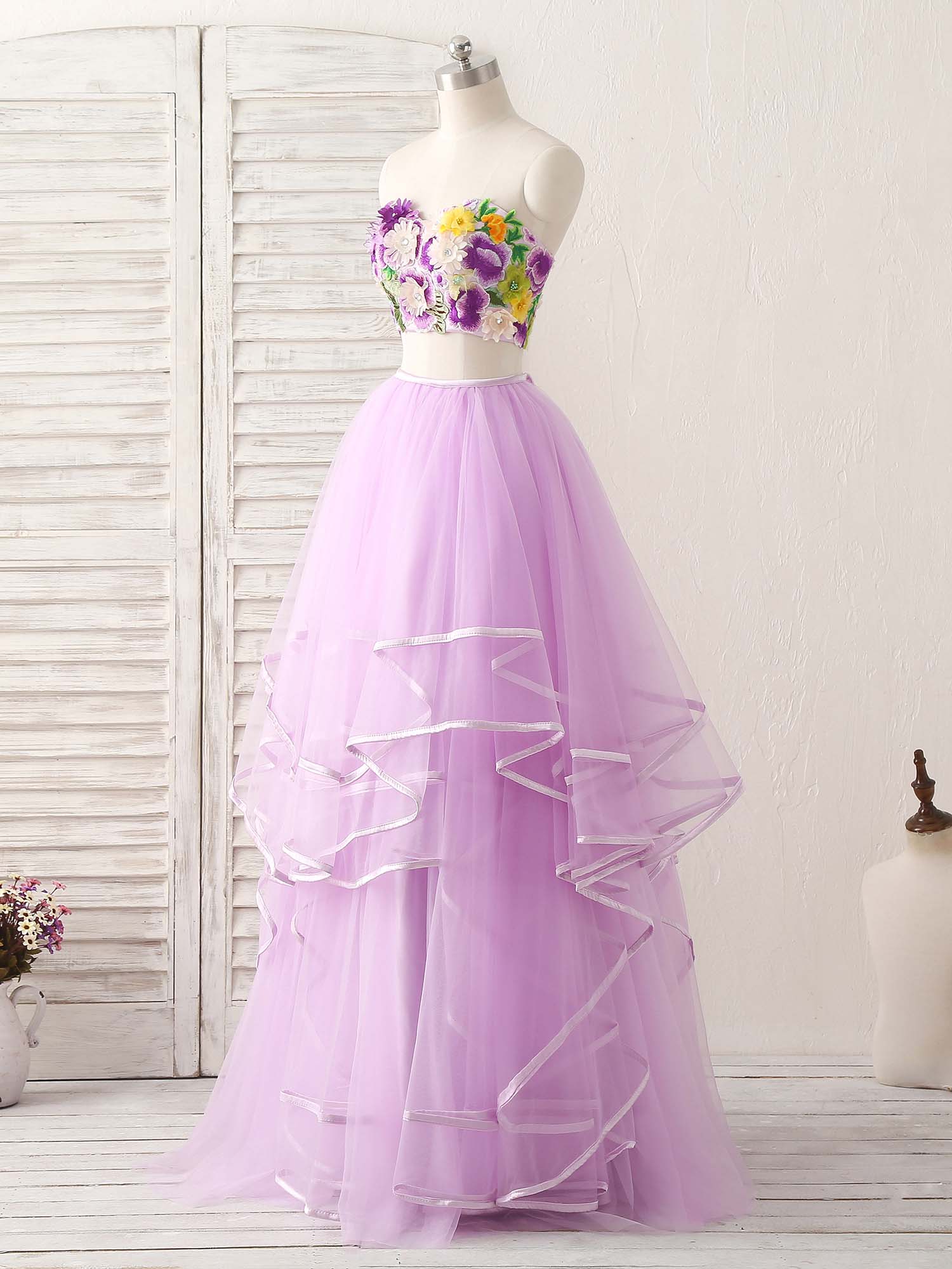 Purple Two Pieces Applique Tulle Long Prom Dress Purple Evening Dress - Deanwangkt