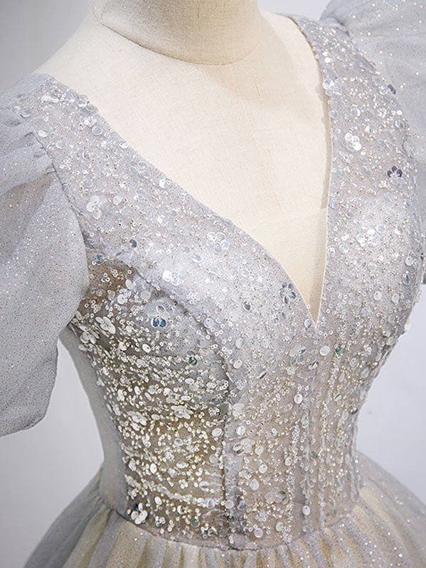 Gray Tulle Sequin Long Prom Dress, Gray Tulle Formal Graduation Dresses - Deanwangkt