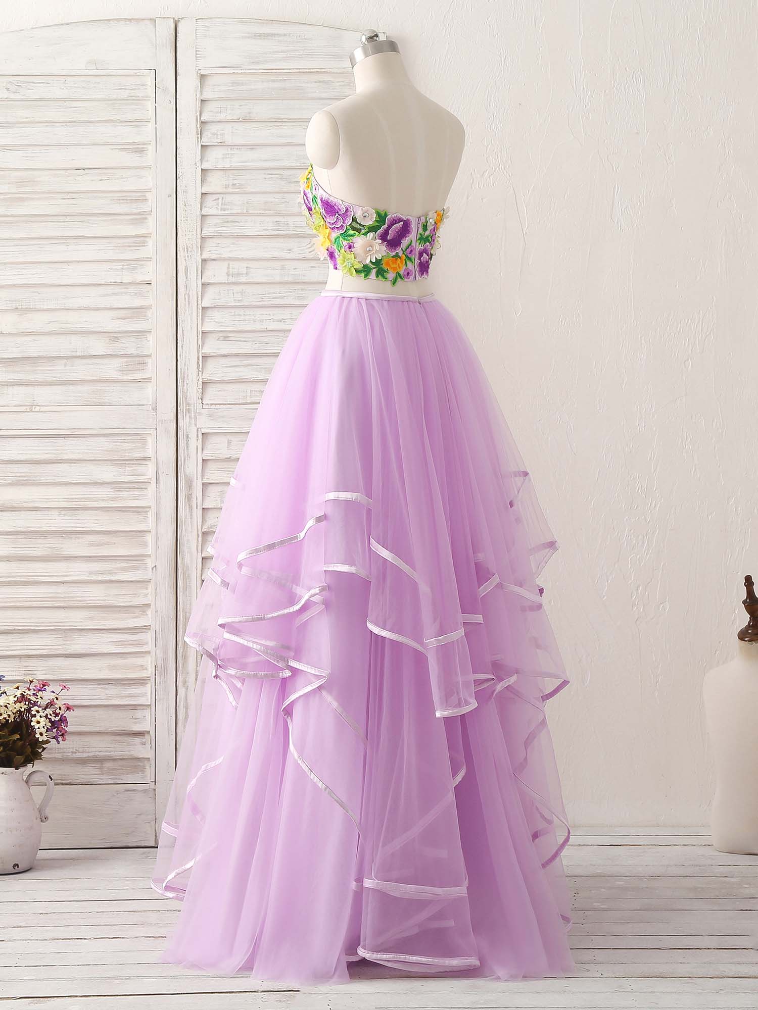 Purple Two Pieces Applique Tulle Long Prom Dress Purple Evening Dress - Deanwangkt