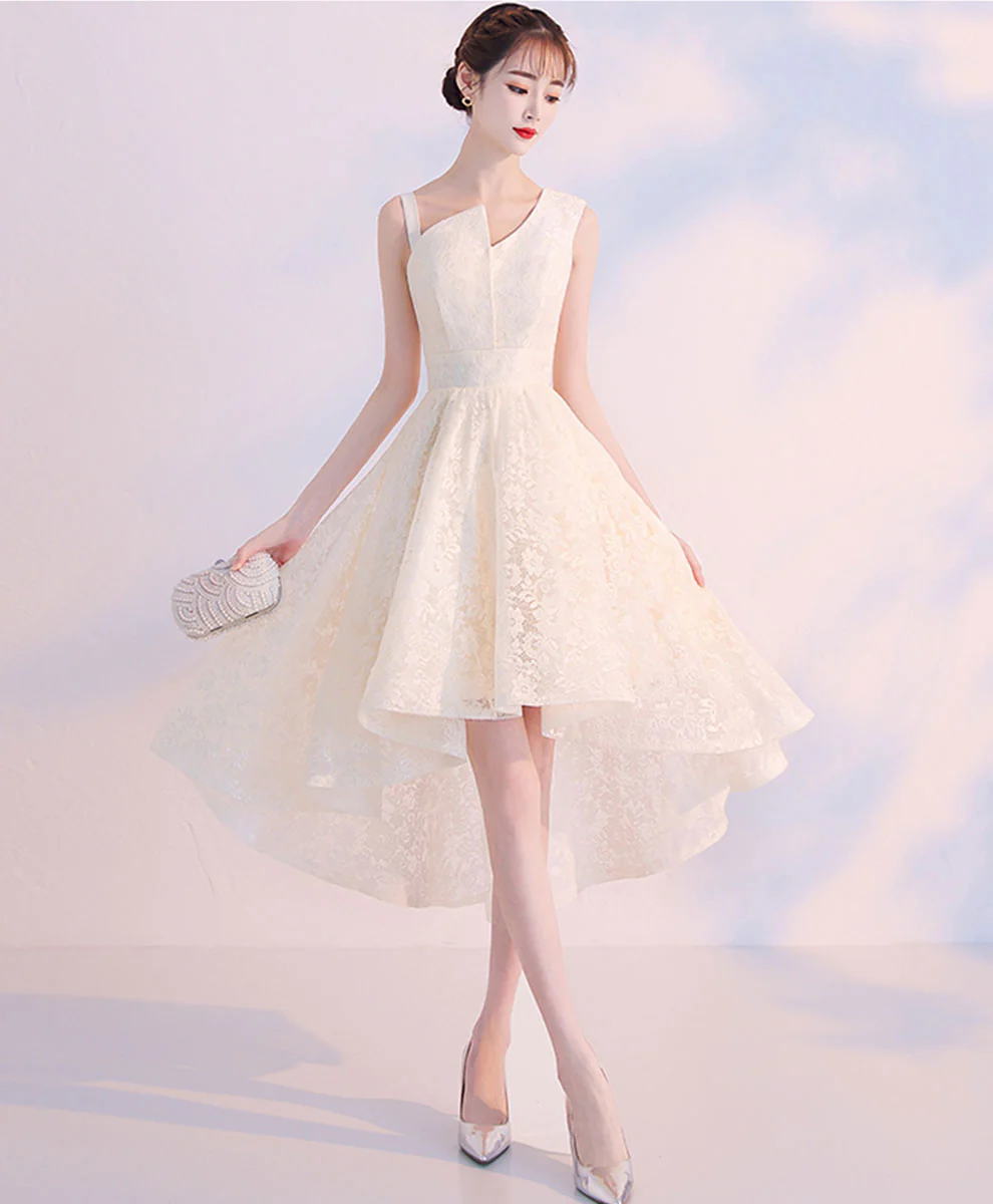 Champagne Lace High Low Prom Dress Lace Cocktail Dress, Cute Homecoming Dress - Deanwangkt