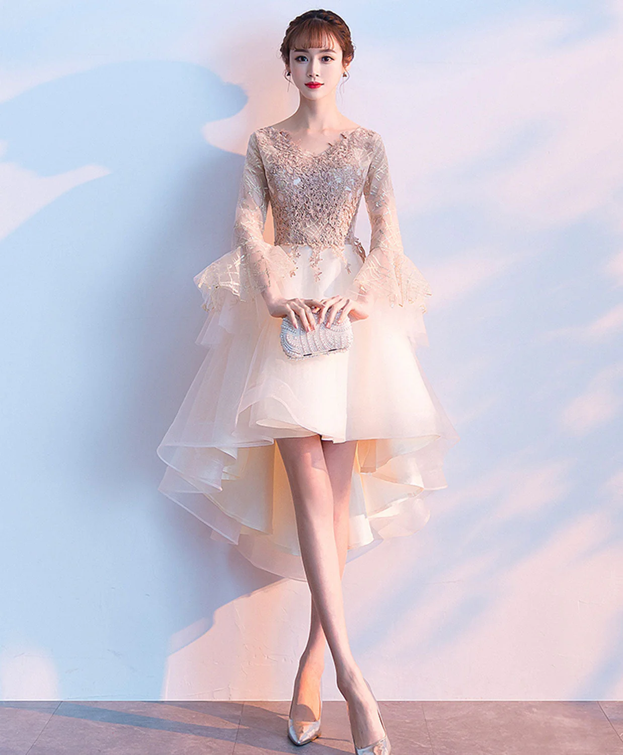 Champagne Round Neck Tulle Lace Short Prom Dress, Evening Dress - Deanwangkt