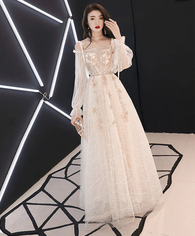 Unique Tulle Lace Long Prom Dress, Tulle Lace Evening Dress - Deanwangkt