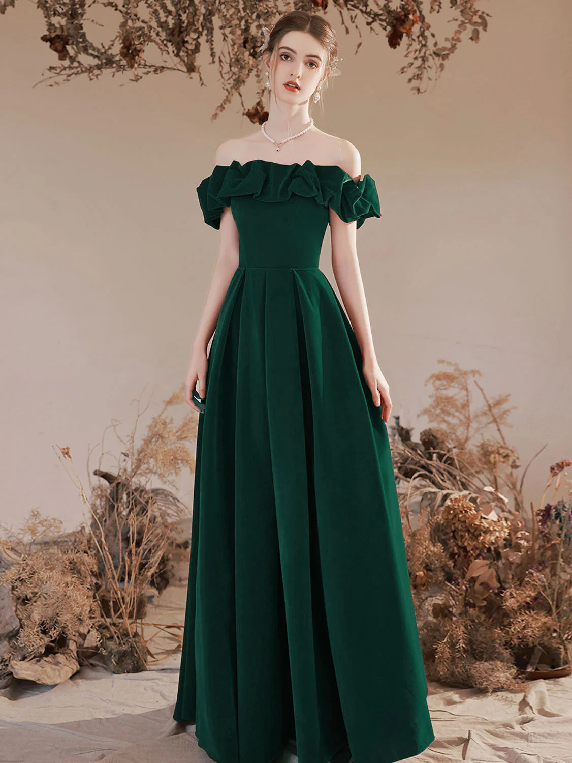 A-Line Off Shoulder Velvet Green Long Prom Dress, Green Formal Evening Dress - Deanwangkt