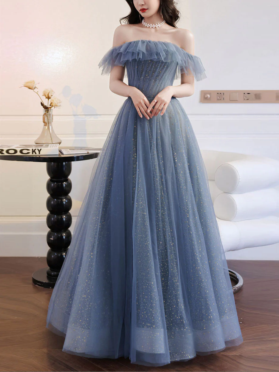 Gray Blue Tulle Long Prom Dress Gray Blue Tulle Formal Dress - Deanwangkt