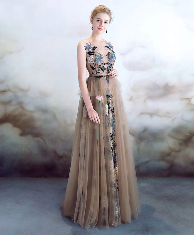 Unique Tulle Lace Long Prom Dress, Lace Applique Evening Dress - Deanwangkt