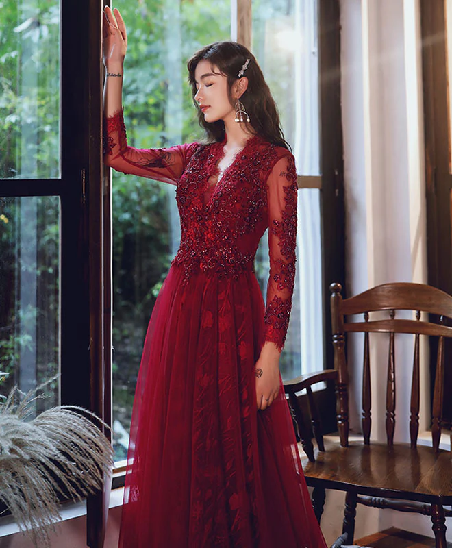 Burgundy V Neck Tulle Lace Long Prom Dress Burgundy Lace Evening Dress - Deanwangkt