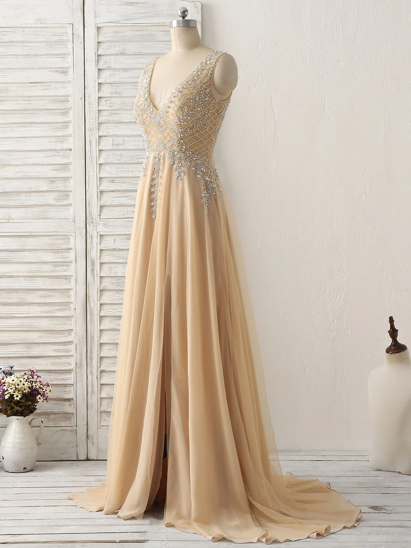Champagne V Neck Beads Long Prom Dress Tulle Evening Dress - Deanwangkt