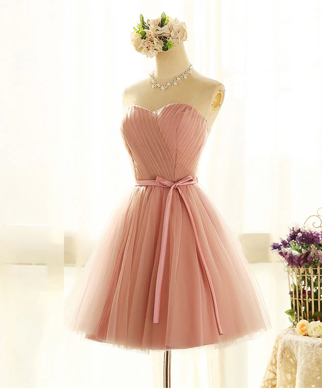 Cute Sweetheart Neck Tulle Short Prom Dress, Pink Bridesmaid Dress - Deanwangkt