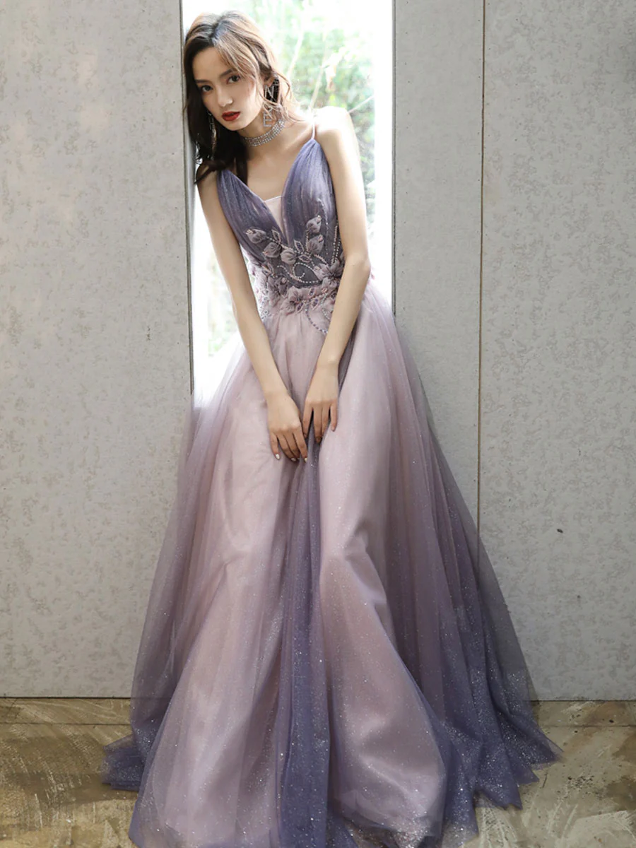Purple V Neck Tulle Long Prom Dress, Purple Evening Dress - Deanwangkt