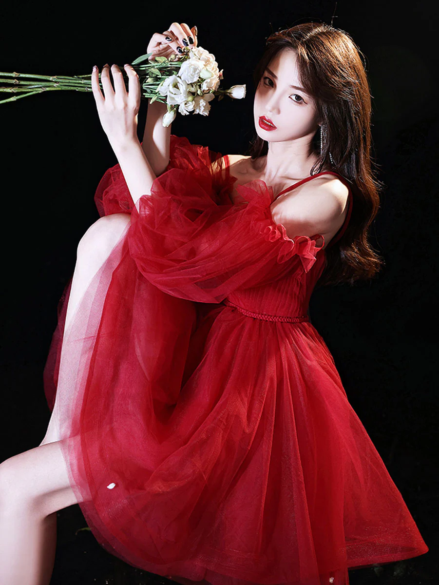 Red Sweetheart Neck Tulle Short Prom Dress, Puffy Red Homecoming Dresses - Deanwangkt