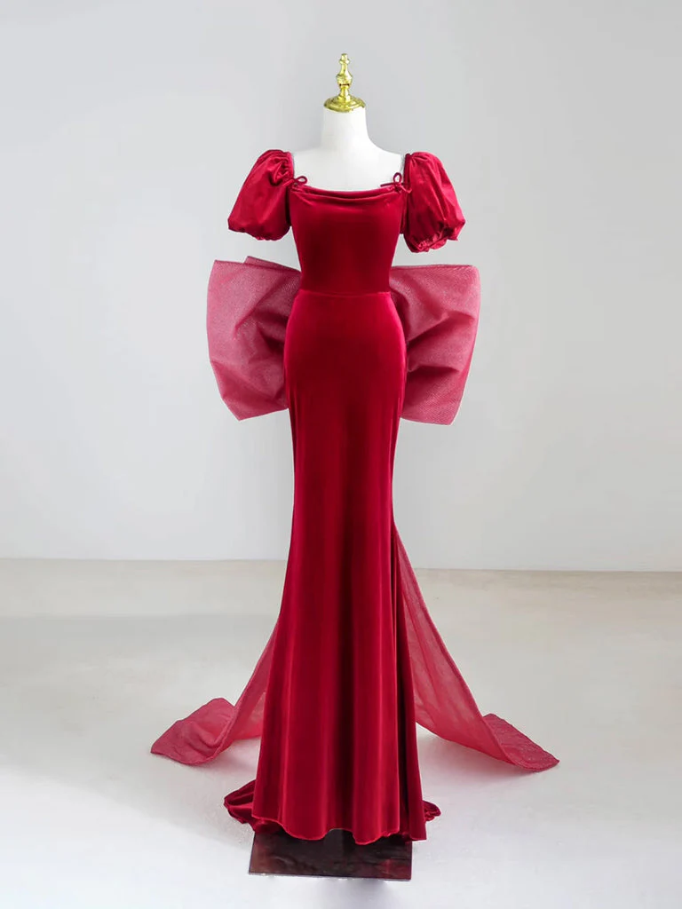Mermaid Velvet Short Sleeve Burgundy Long Prom Dress, Burgundy Long Formal Dress - Deanwangkt