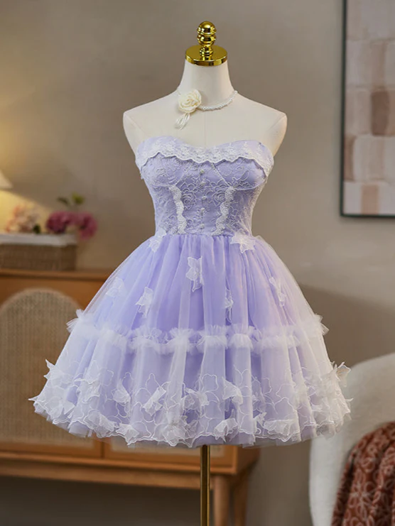 A-Line Sweetheart Neck Tulle Lace Purple Short Prom Dress, Purple Homecoming Dress - Deanwangkt