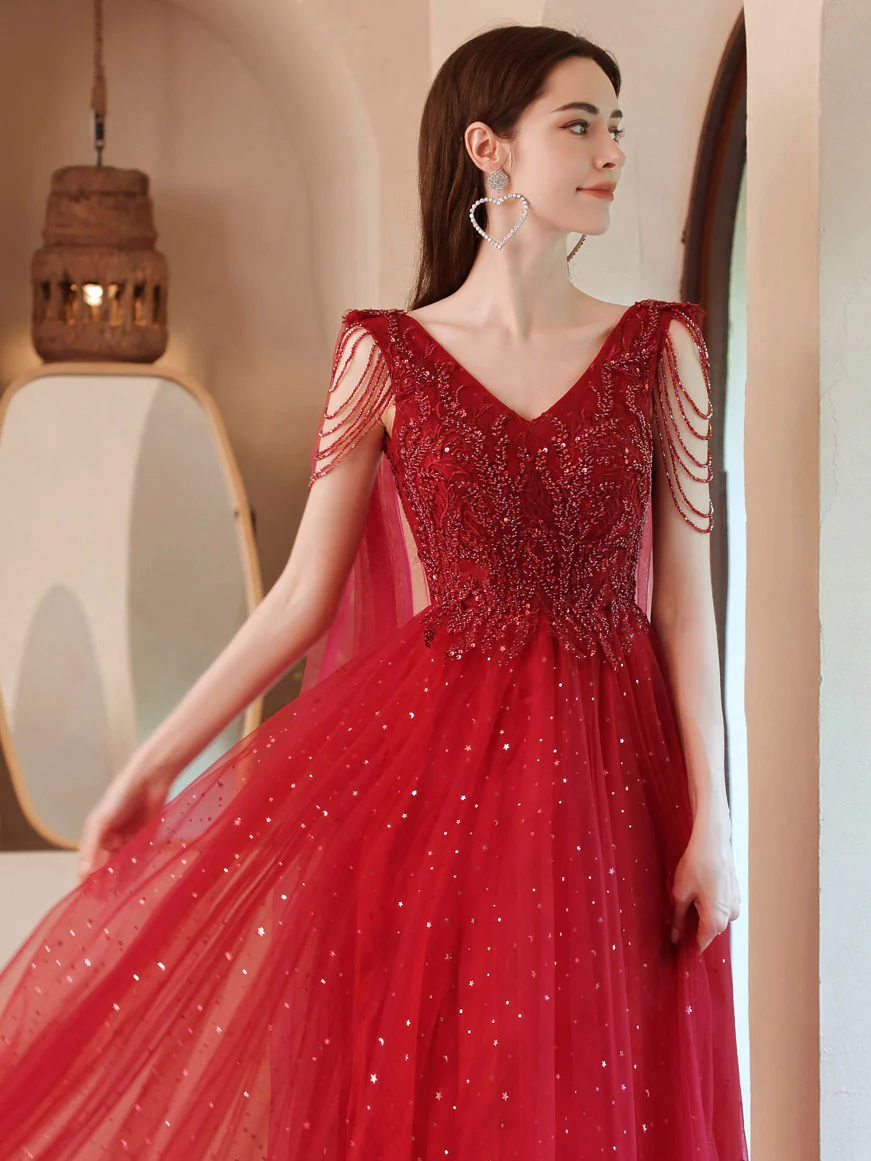 Burgundy V Neck Tulle Lace Beads Long Prom Dress, Burgundy Evening Dress - Deanwangkt