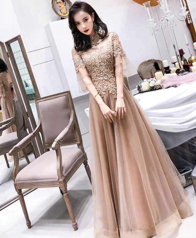 Champagne High Neck Tulle Lace Long Prom Dress, Champagne Evening Dress - Deanwangkt