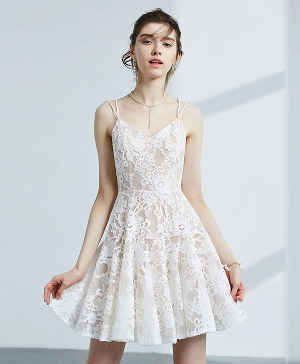 Cute White V Neck Lace Short Prom Dress White Homecoming Dress - Deanwangkt