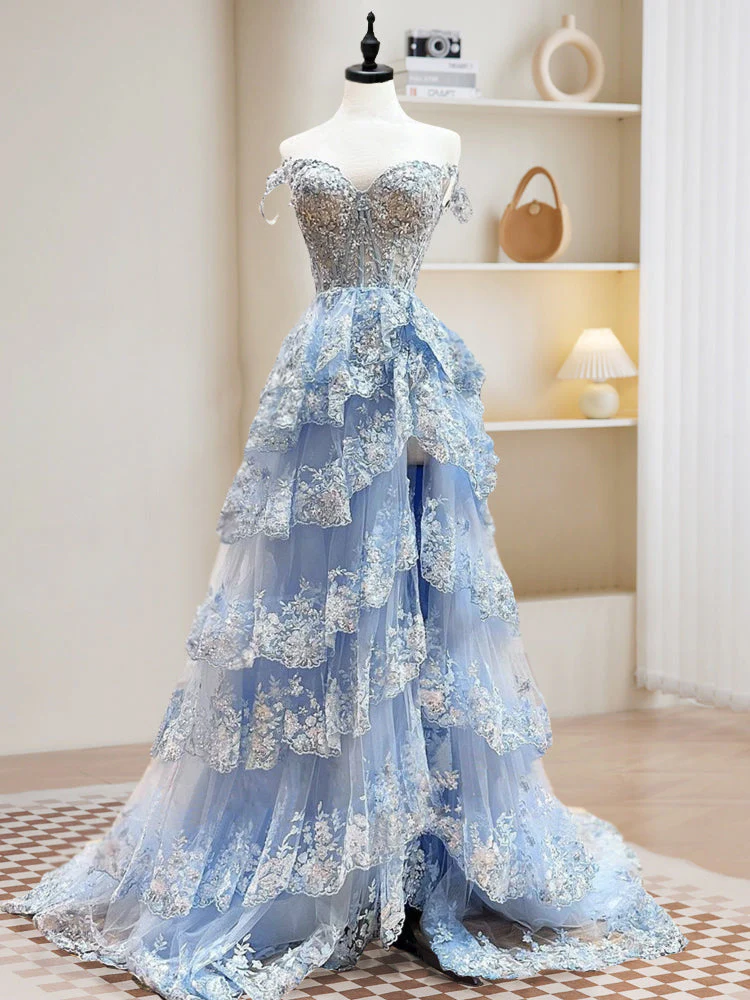A-Line Tulle Sequin Dark Blue Long Prom Dress, Dark Blue Sequin Long Formal Dress - Deanwangkt