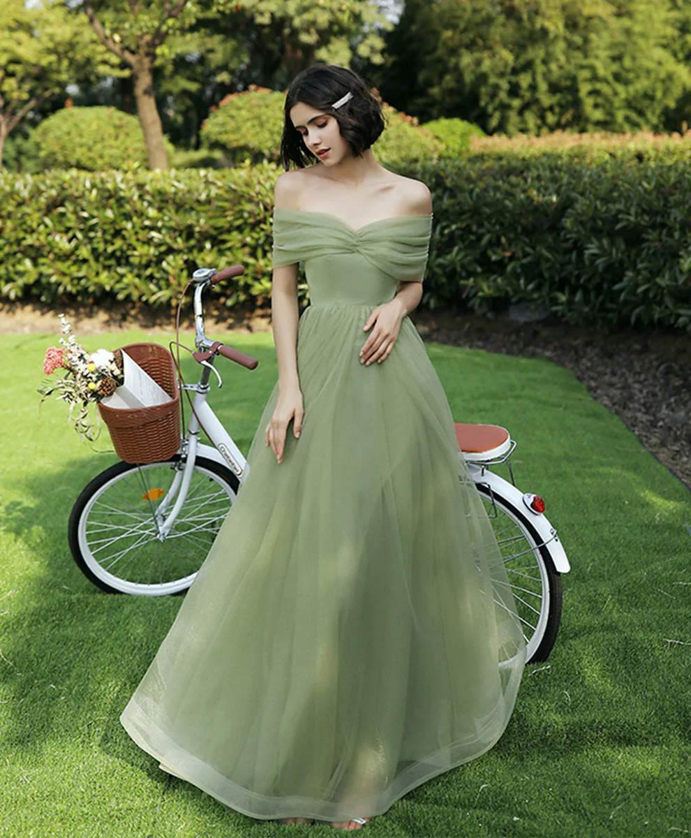 Simple Green Tulle Long Prom Dress, Green Formal Bridesmaid Dress - Deanwangkt
