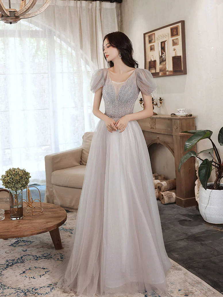 Gray V Neck Tulle Beads Long Prom Dress, Gray Aline Formal Dress - Deanwangkt