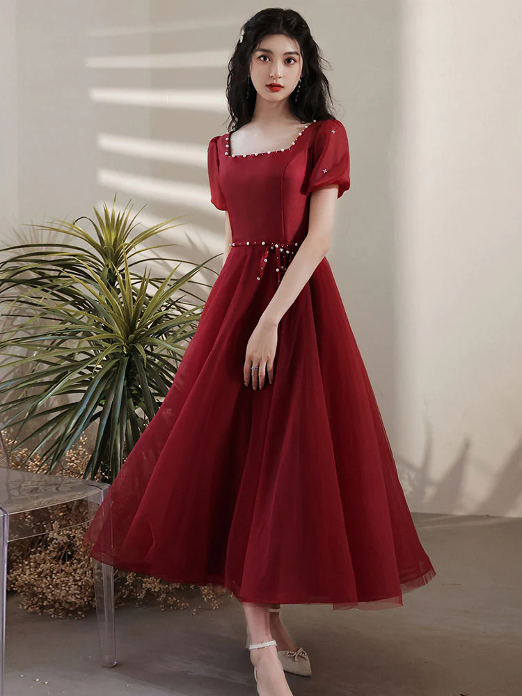 Simple Tea Length Burgundy Prom Dress, Burgundy Graduation Dresses - Deanwangkt