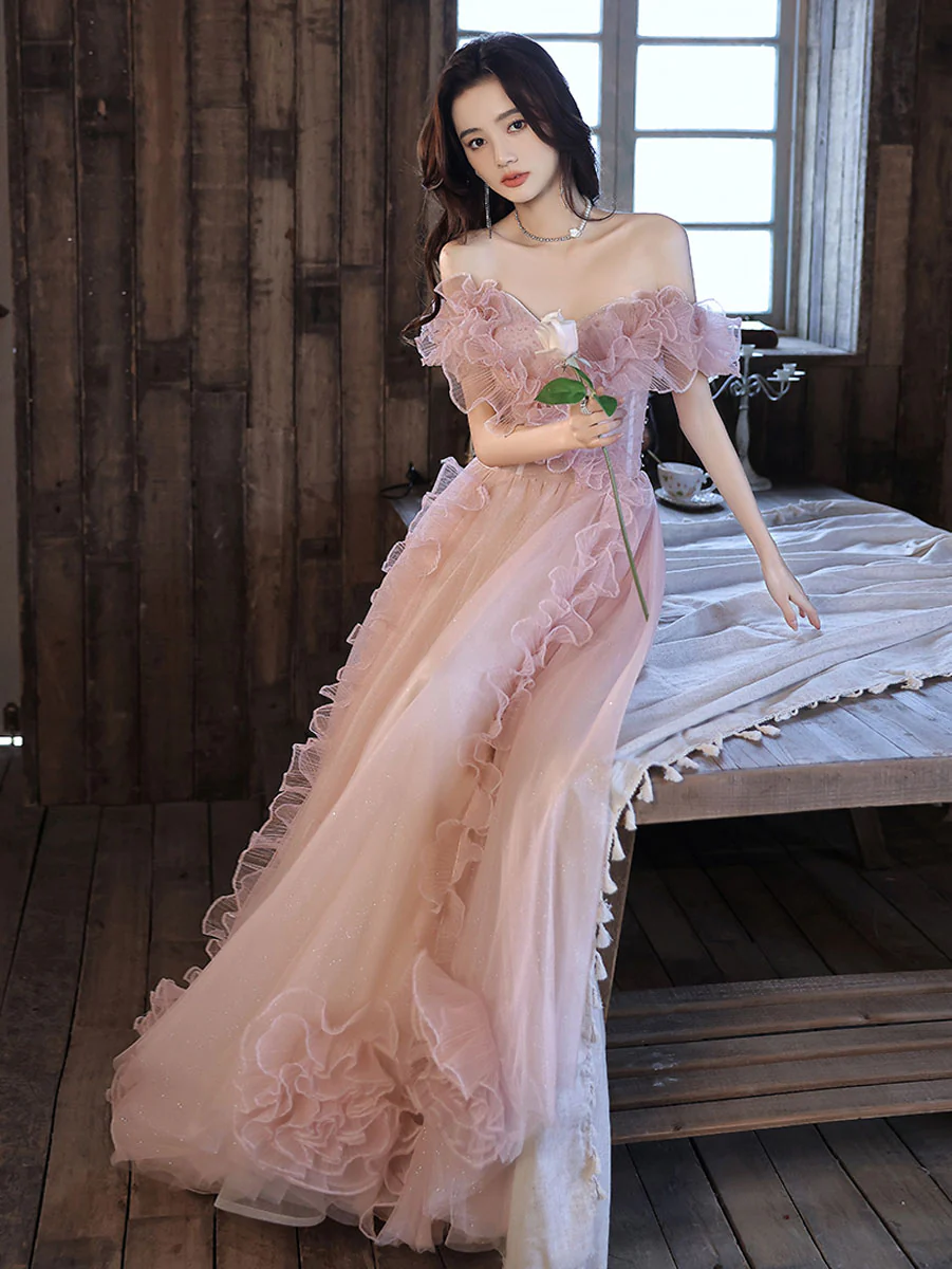 Pink Tulle Off Shoulder Long Prom Dress, Pink Formal Graduation Dresses - Deanwangkt