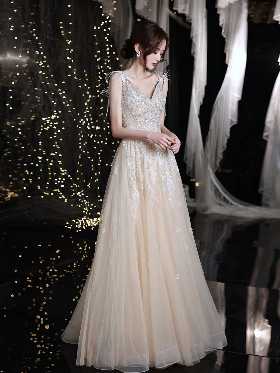 Champagne V Neck Tulle Sequin Lace Long Prom Dress, Champagne Evening Dress - Deanwangkt