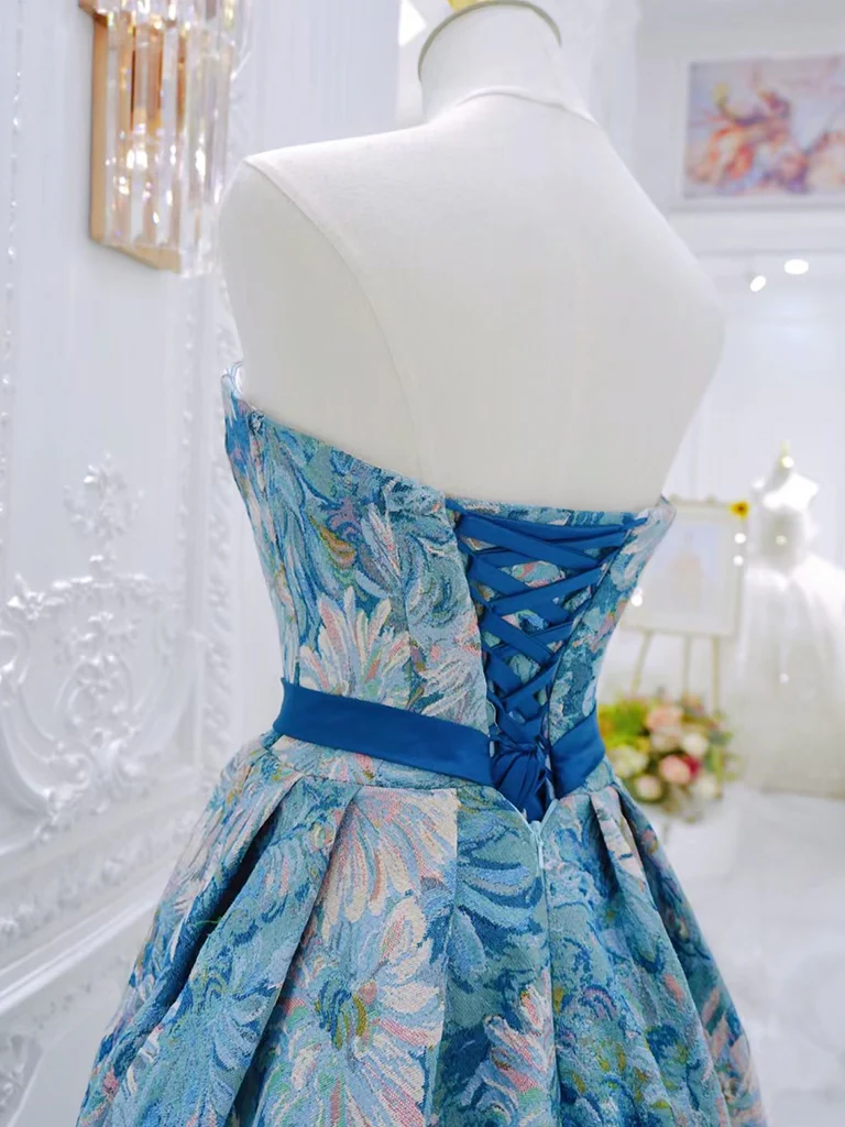 Unique A-Line Flower Satin Blue Long Prom Dress, Blue Long Formal Dress - Deanwangkt