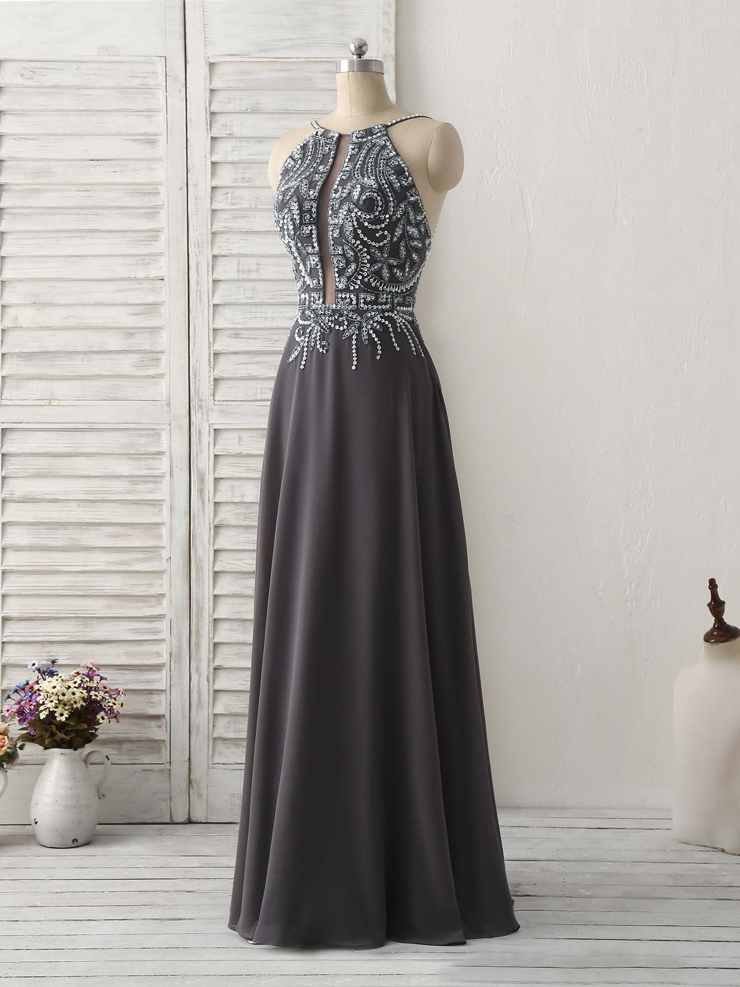 Dark Gray Sequin Beads Long Prom Dress Backless Evening Dress - Deanwangkt
