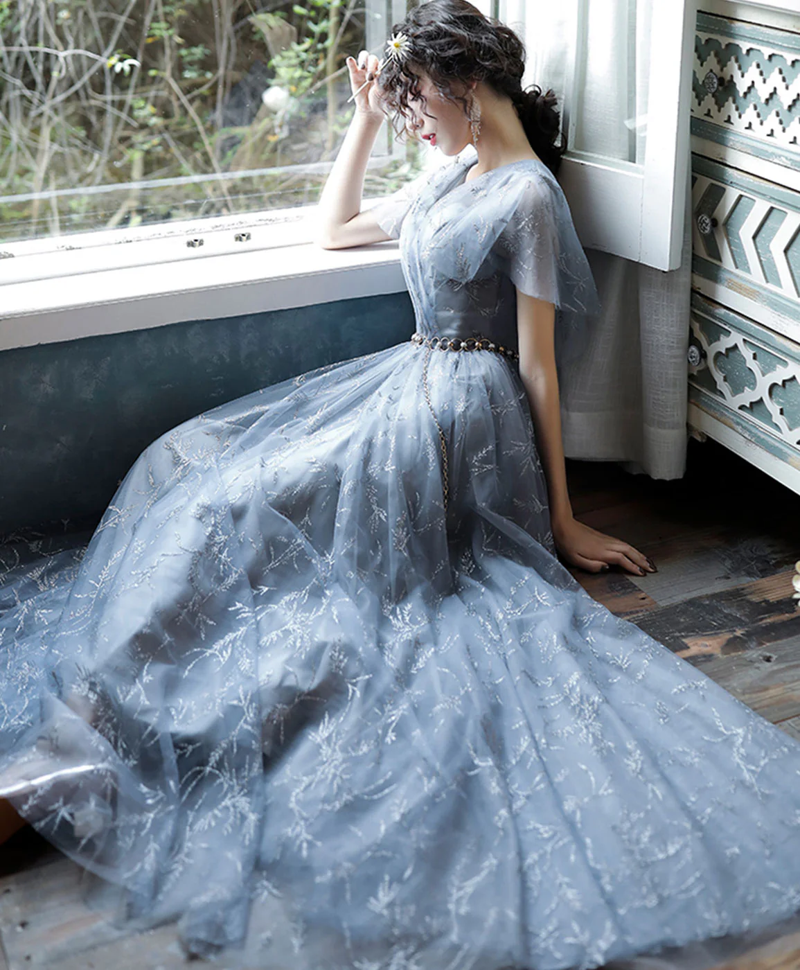 Gray Blue V Neck A-Line Tulle Long Prom Dress Gray Blue Tulle Formal Dress - Deanwangkt