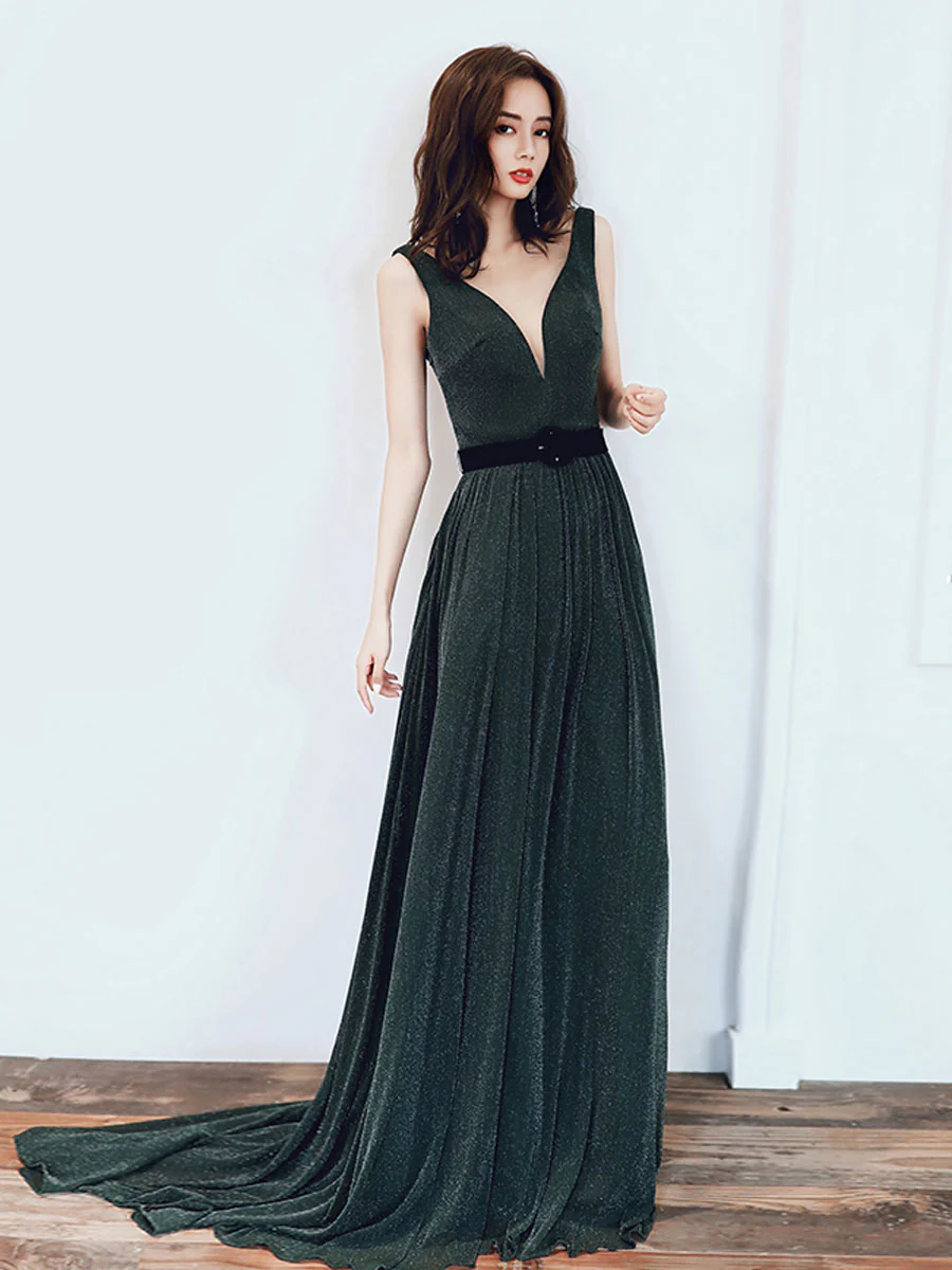 Simple Green V Neck Long Prom Dresses, Green Evening Dresses - Deanwangkt