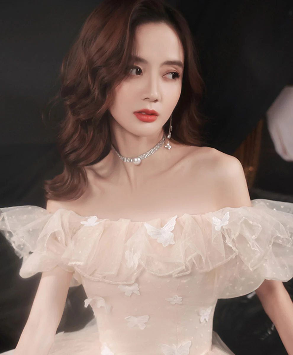 Champagne Long Prom Dress, A line Tulle Formal Graduation Dress with Butterfly - Deanwangkt