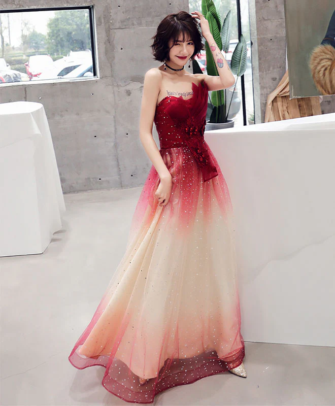 Burgundy Tulle Sequin Long Prom Dress, Tulle Evening Dress - Deanwangkt