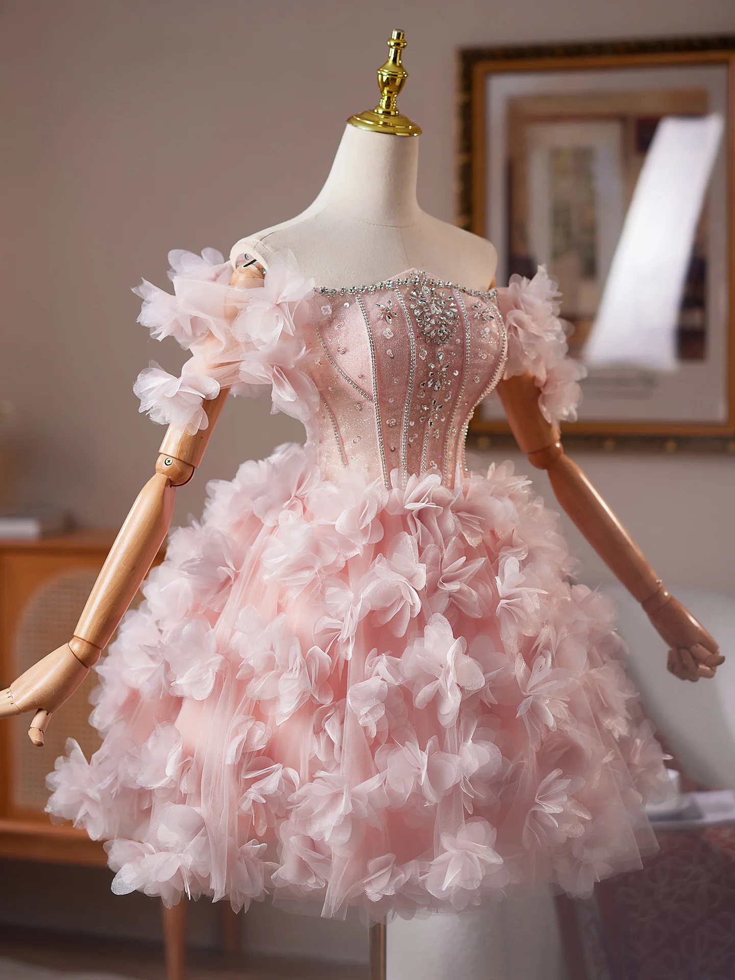 Cute Tulle Beads Flower Pink Short Prom Dress, Pink Homecoming Dress - Deanwangkt