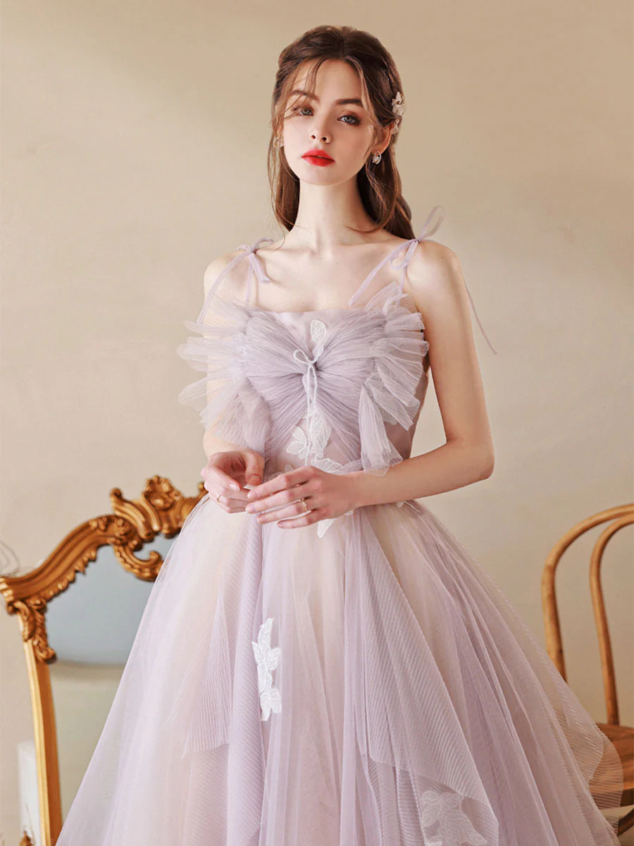 Unique Tulle Lace A line Long  Light Purple Prom Dresses,  Tulle Formal Graduation Dresses - Deanwangkt