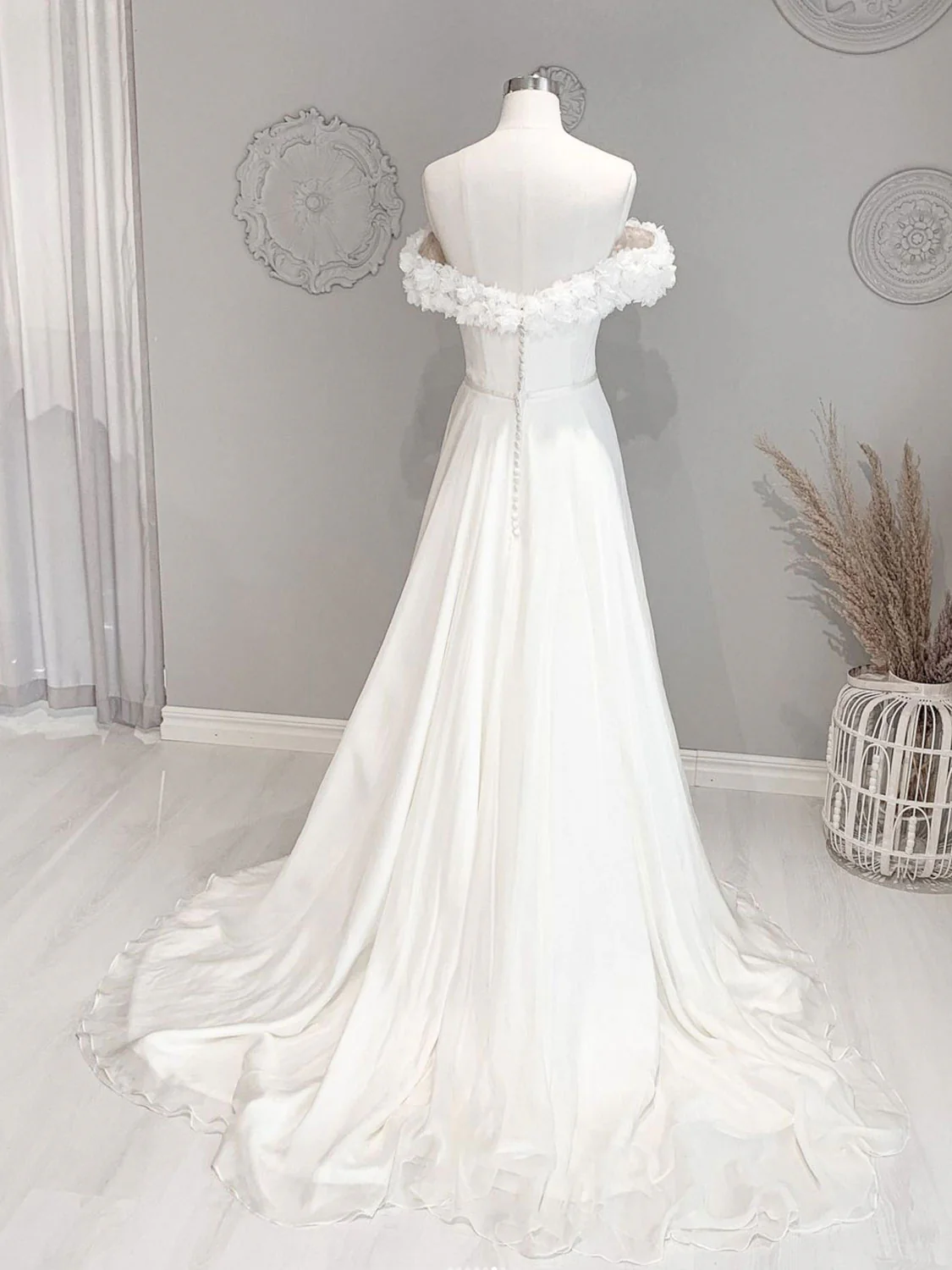White Off Shoulder Flowers Long Wedding Dress, White Beach Wedding Dress - Deanwangkt