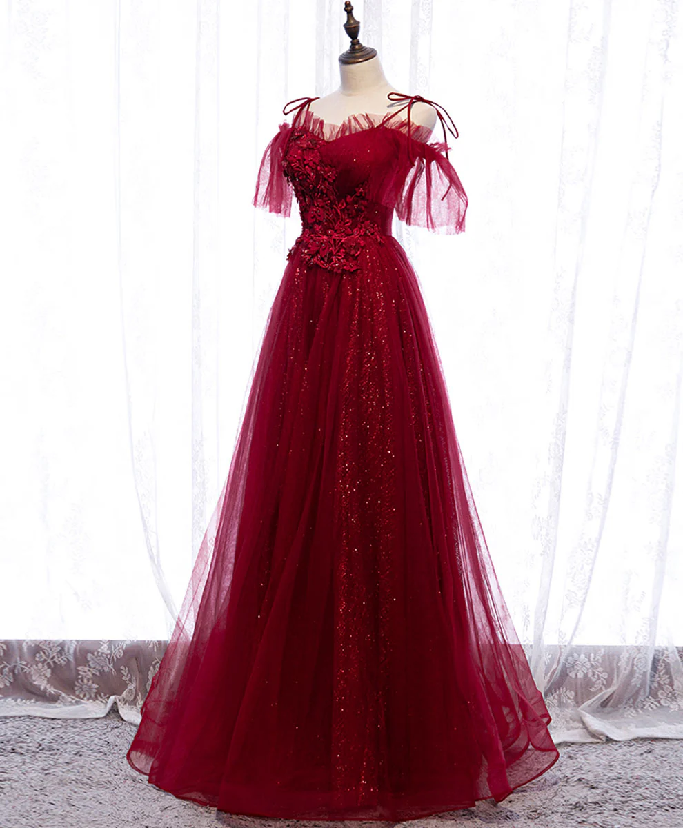 Burgundy Sweetheart Tulle Lace Long Prom Dress Burgundy Formal Dress - Deanwangkt