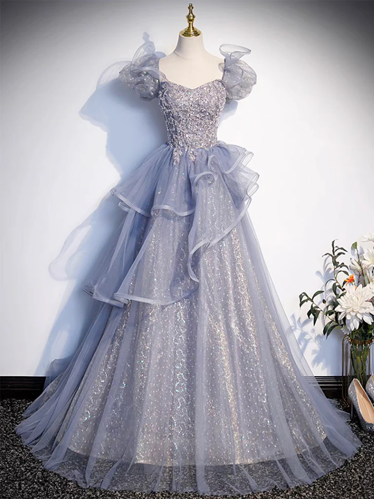 A-Line Sweetheart Neck Tulle Sequin Gray Blue Long Prom Dress, Gray Blue Long Formal Dress - Deanwangkt