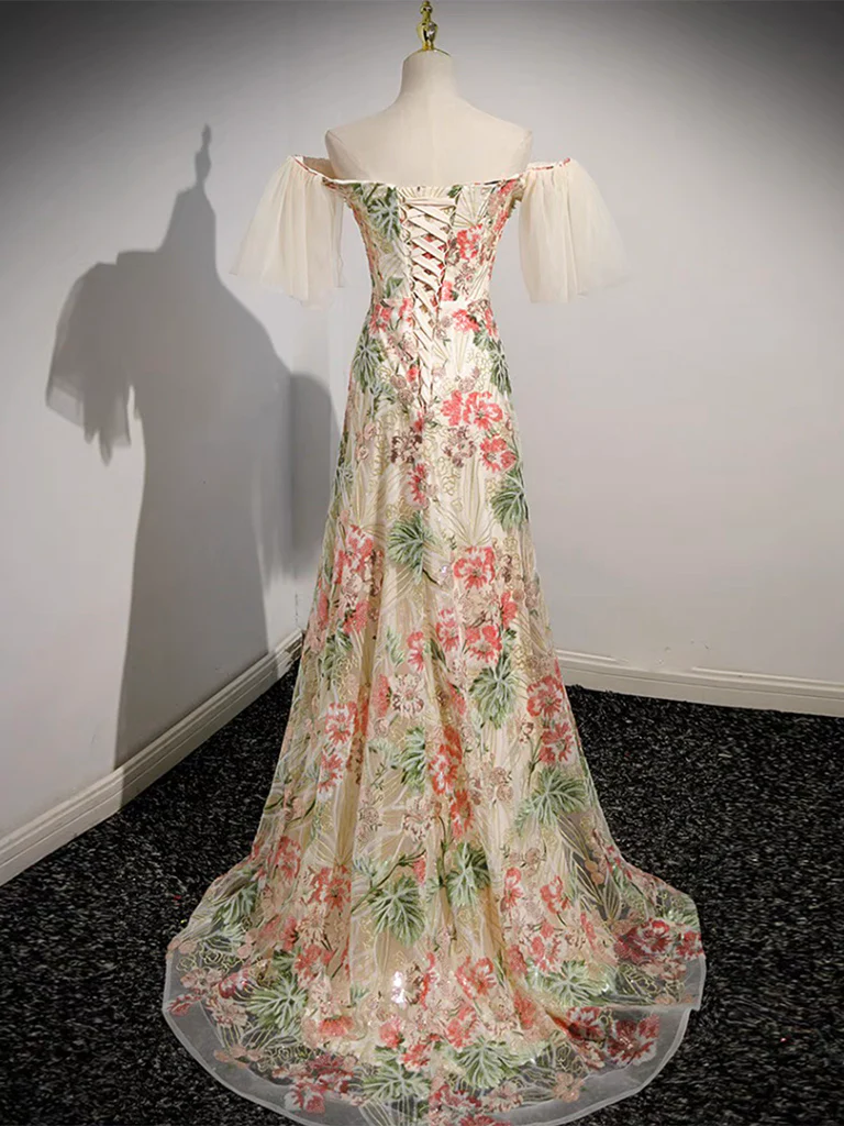 Champagne Lace Long Prom Dress, Champagne Lace Long Formal Dress - Deanwangkt