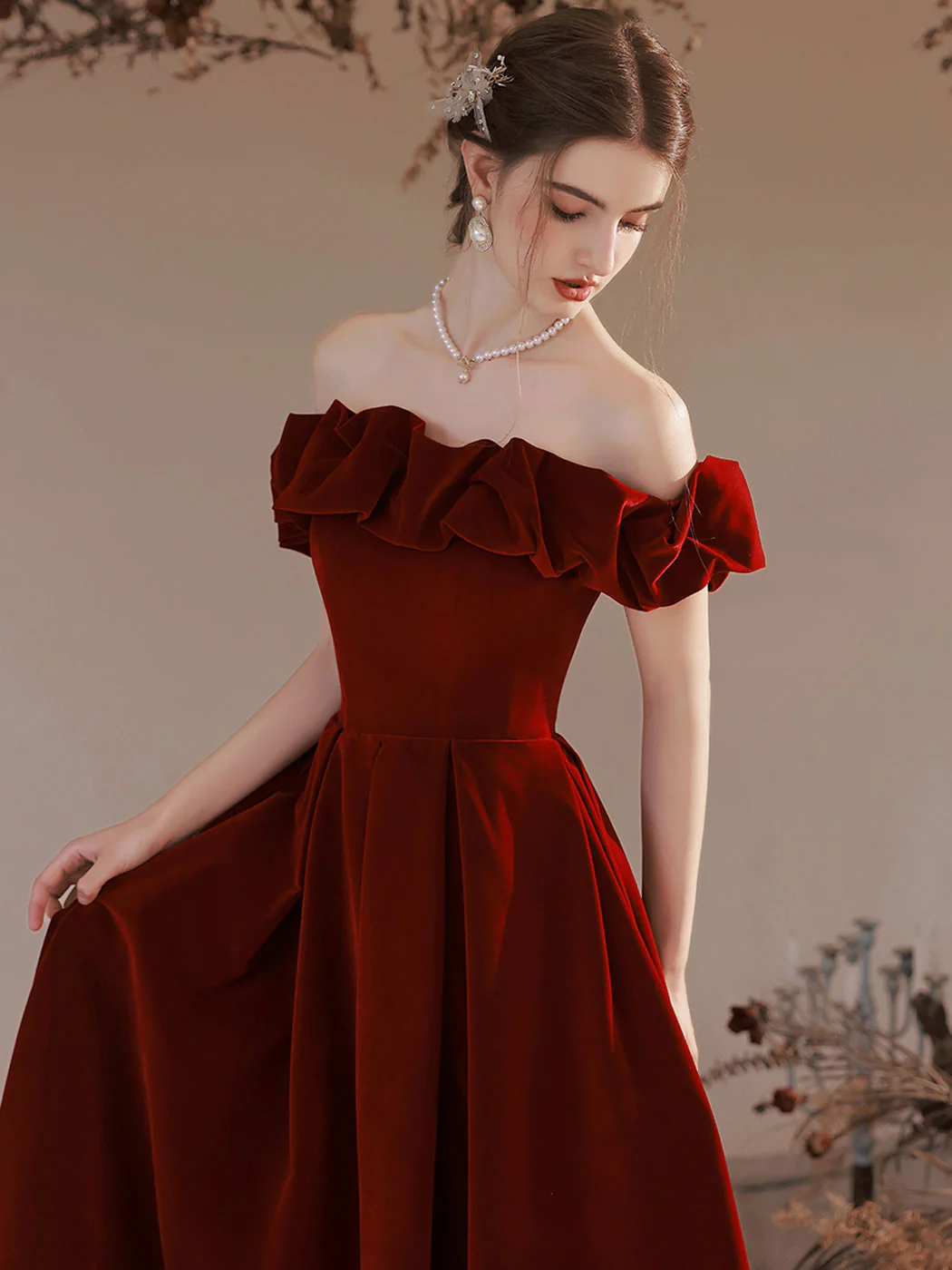 A-Line Off Shoulder Velvet Burgundy Long Prom Dress, Burgundy Evening Dresses - Deanwangkt