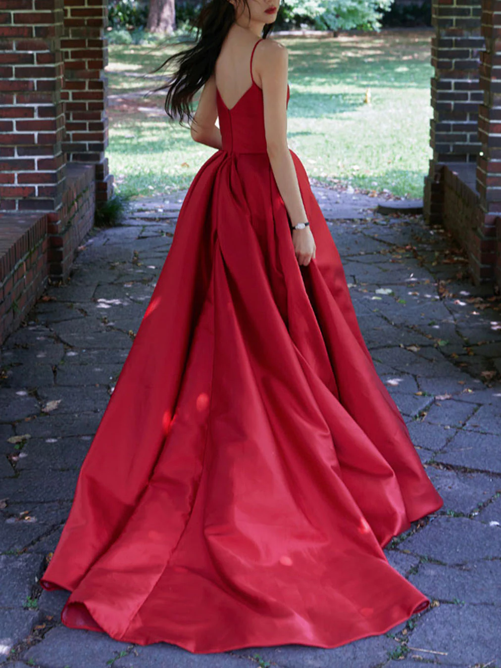 Red V Neck Satin Long Prom Dress, Red Formal Graduation Dresses - Deanwangkt