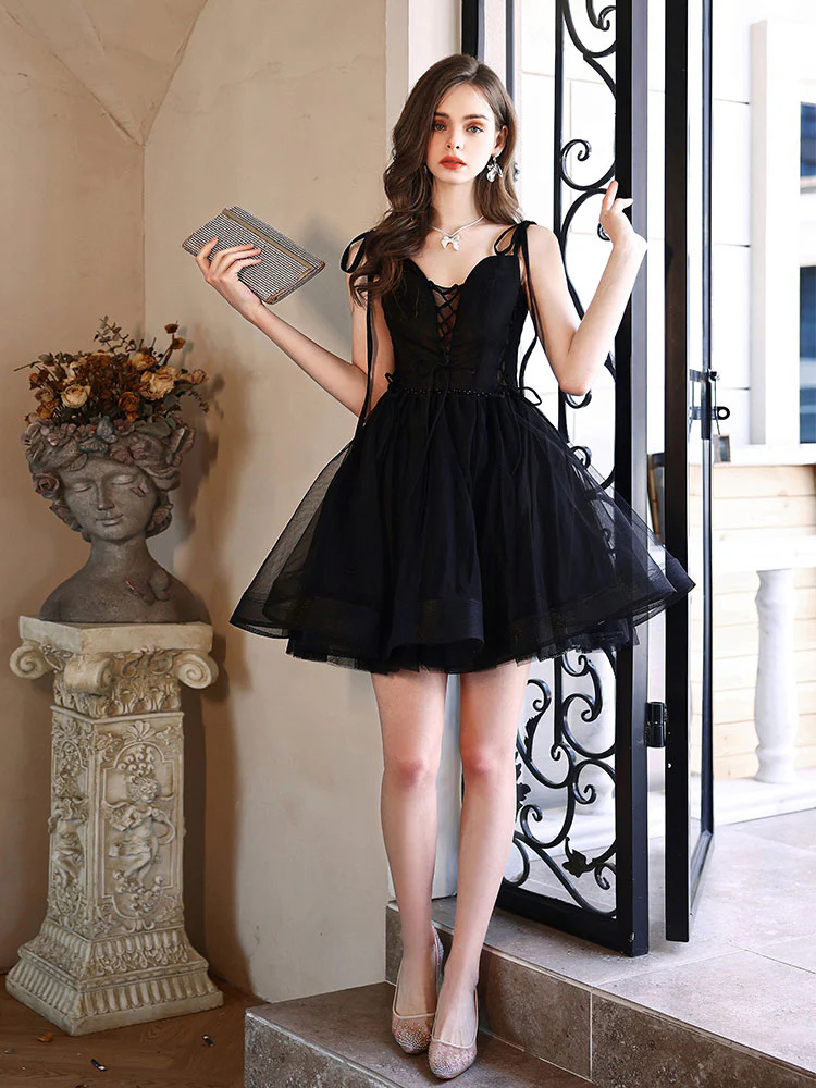 Cute V Neck Tulle Black Short Prom Dress, Black Homecoming Dresses - Deanwangkt