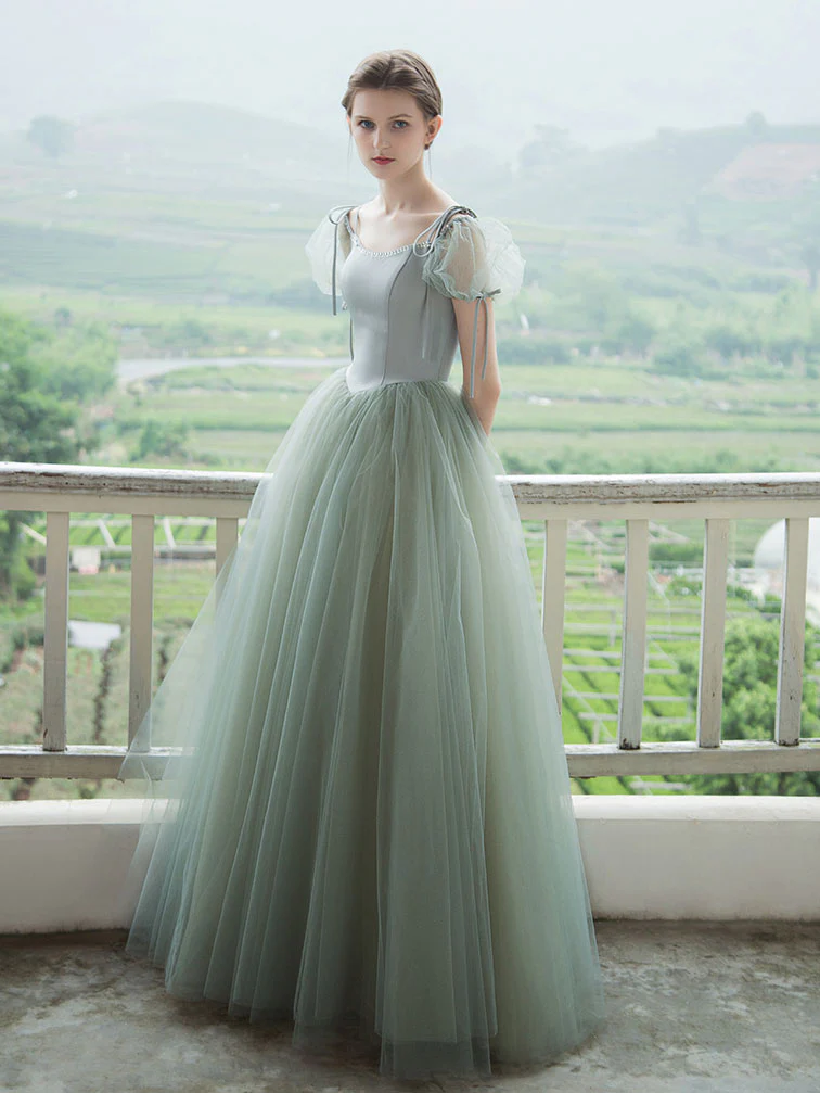 Simple Green Tulle Long Prom Dress, Green Tulle Evening Dress - Deanwangkt