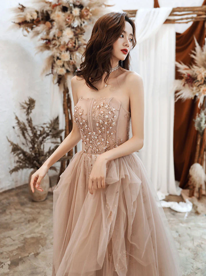 A-line Champagne Tulle Lace Long Prom Dress Lace Evening Dress - Deanwangkt