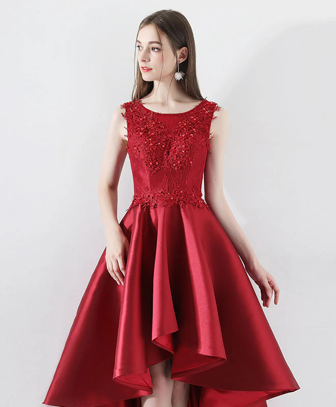 Burgundy Round Neck Lace Prom Dress, Burgundy Bridesmaid Dress - Deanwangkt