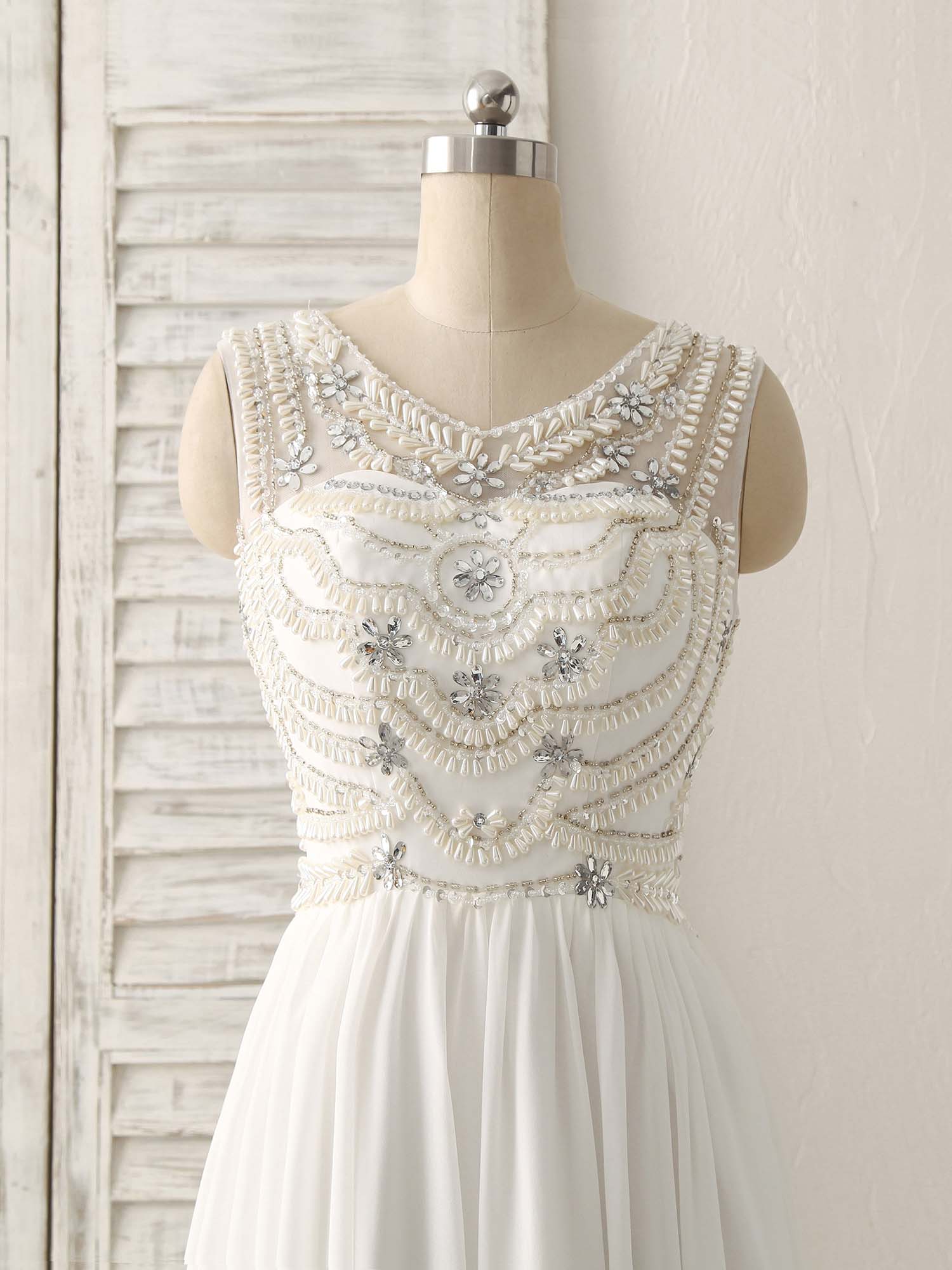 White V Neck Chiffon Long Prom Dresses, White Long Evening Dresses - Deanwangkt
