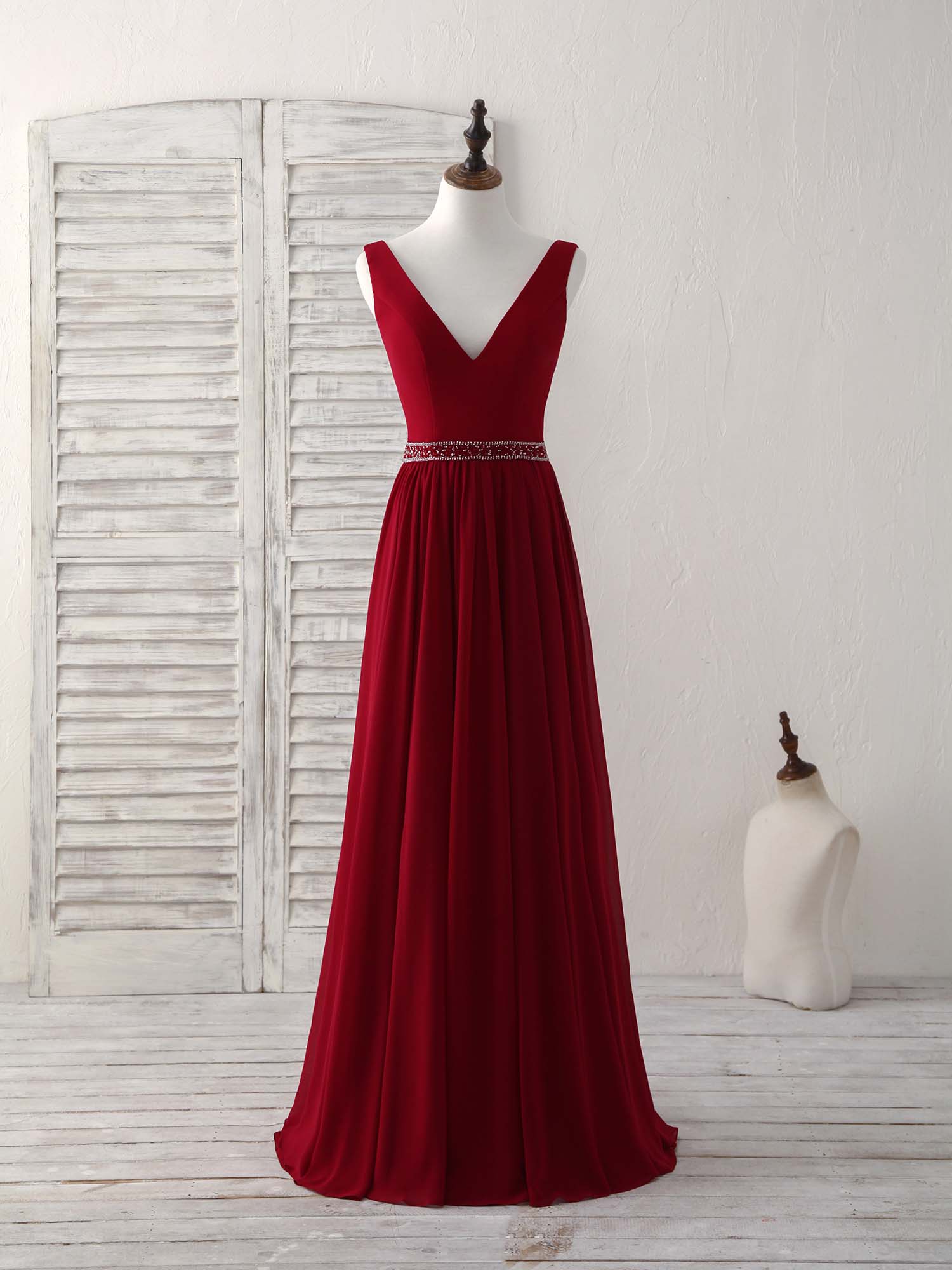 Burgundy Chiffon V Neck Beads Long Prom Dress Burgundy Evening Dress - Deanwangkt
